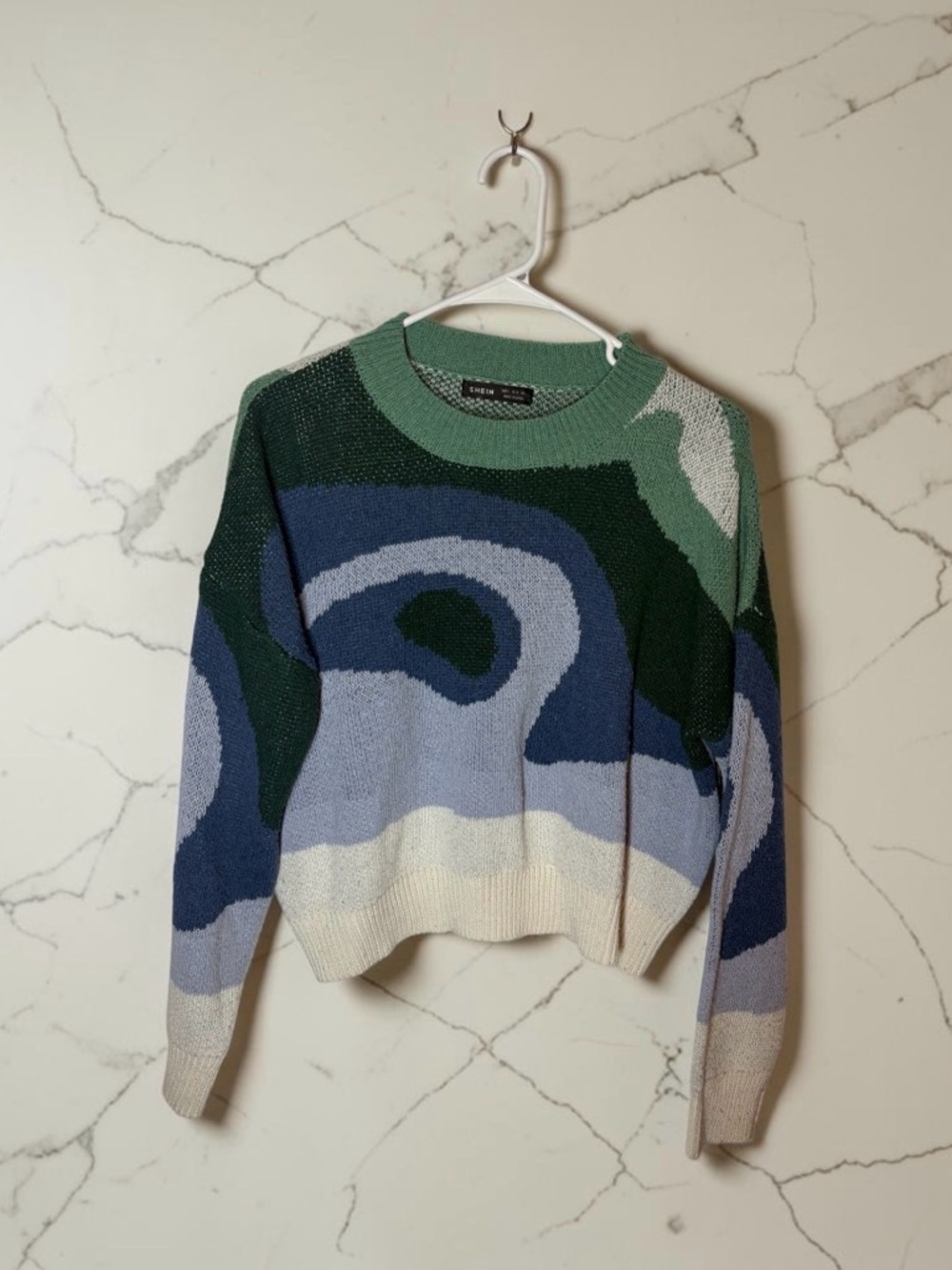 SHEIN Abstract Wave Crewneck Sweater in Green, Blue & Cream